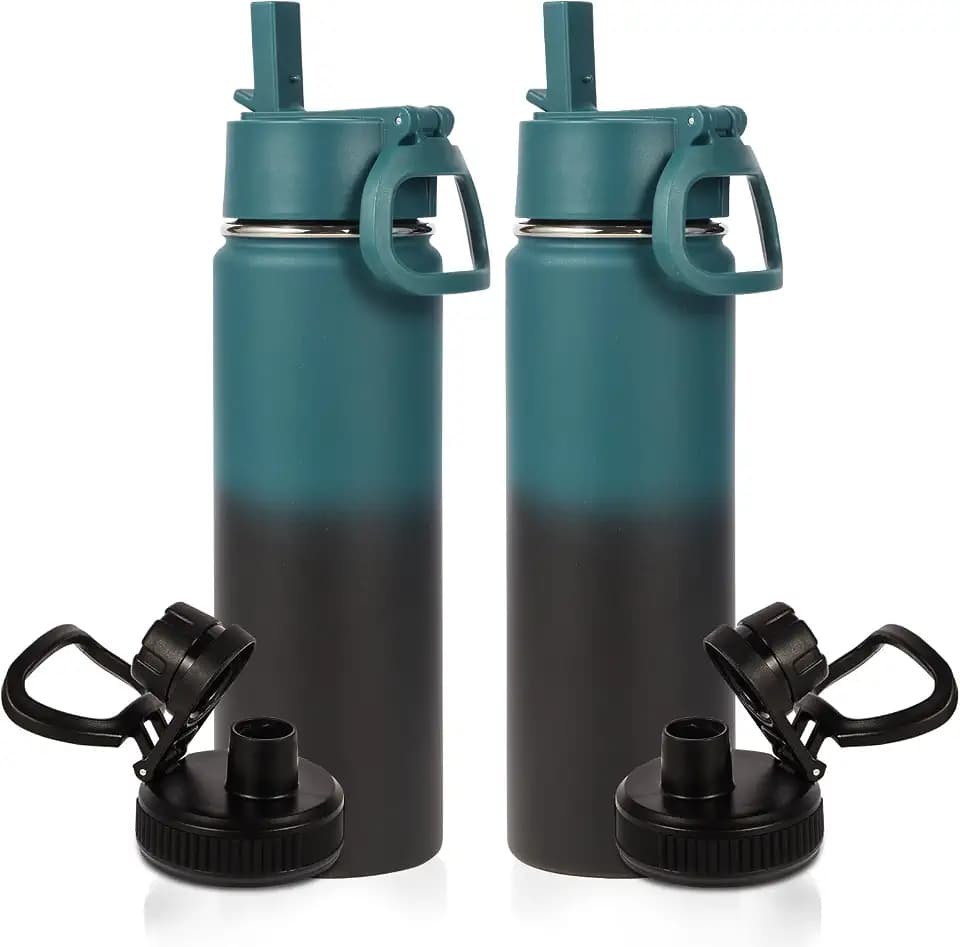 Volhoply 20oz Insulated Stainless Steel Water Bottle with Straw Lid Bulk 2 Pack,Kids Double Wall Vacuum Cups with Handle,Reusable Outdoor Sports Camping Metal Bottles,Travel Flask(Indigo Black,2)