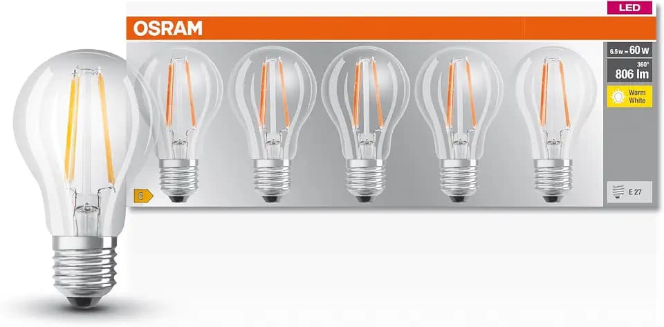 Osram LED Base Classic A Lampe, Sockel: E27, Warm White, 2700 K, 7 W, Ersatz für 60-W-Glühbirne, klar, 5er Packung