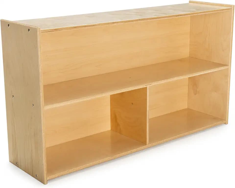 ABC Childcraft Furnishings 2-Shelf 3-Compartment Storage Unit for Classrooms and Homes, Wooden Bookshelf and Organizer, 48 x 13 x 27-3/8 Inches