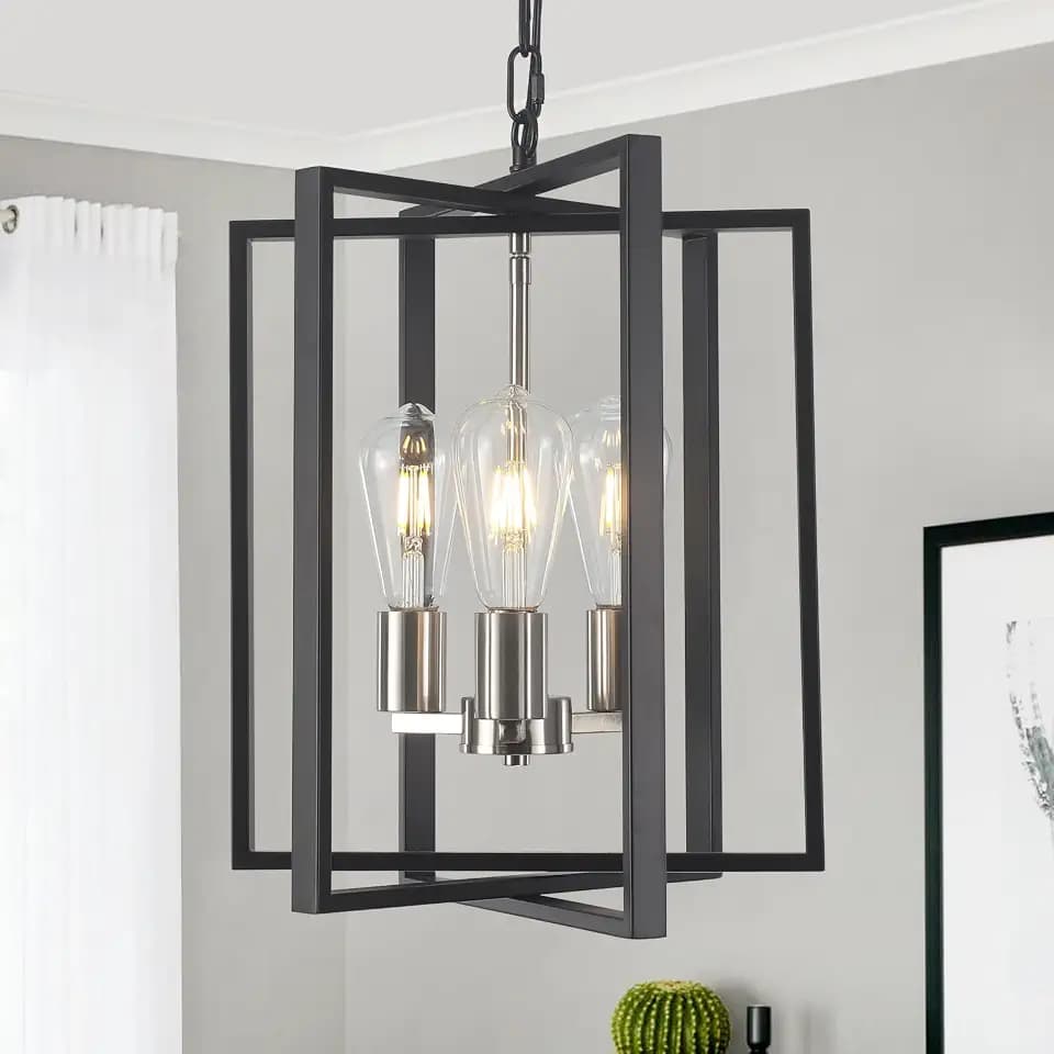 Modern Farmhouse Chandelier for Dining Room, 3 Light Black and Nickel Entryway Light Fixture Adjustable Pendant Lights Kitchen Island Rustic Hanging Chandelier for Foyer Living Room Hallway Bedroom