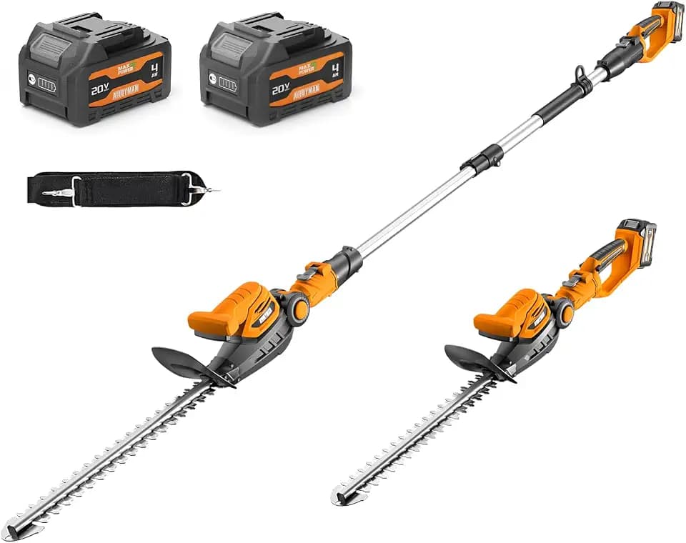 Alloyman 20V 2-in-1 Cordless Pole & Handheld Hedge Trimmer,Electric Hedge Trimmer with 2 Packs 4.0Ah Battery & Charger,8.5-Feet Reach, 11 Rotating Head Hedge Trimmers for Shrub Pruning