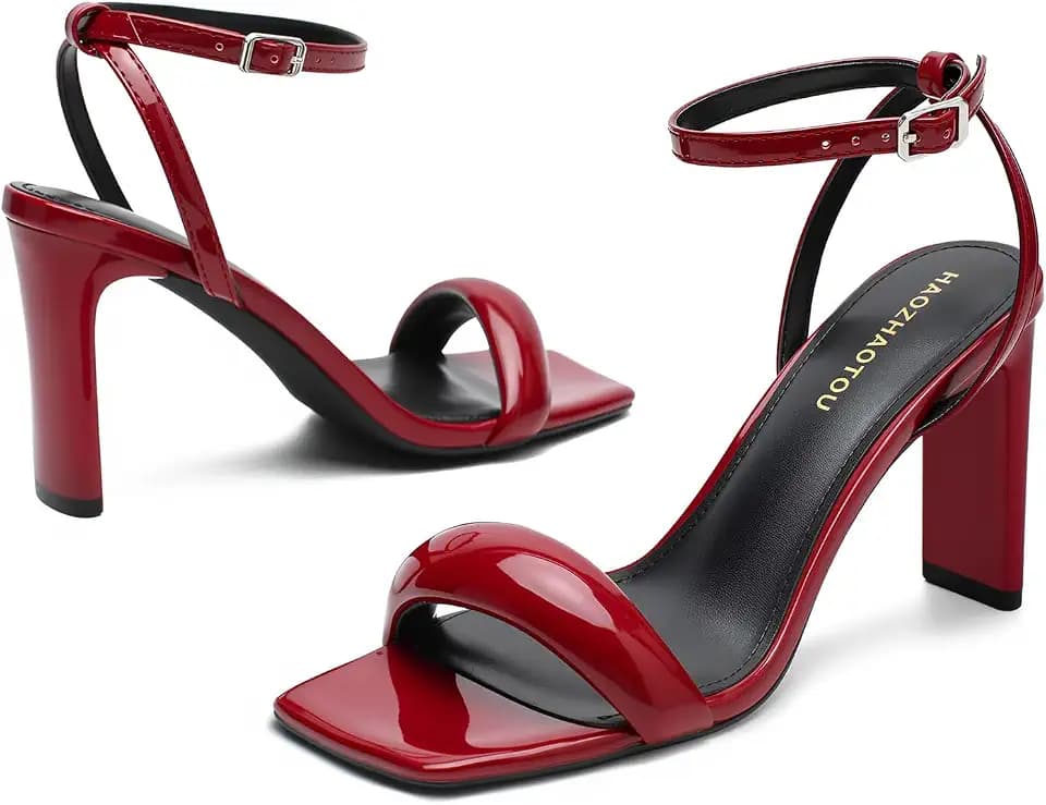 Women's Square Toe Strappy Heels Ankle Strap Block Heel Sandals