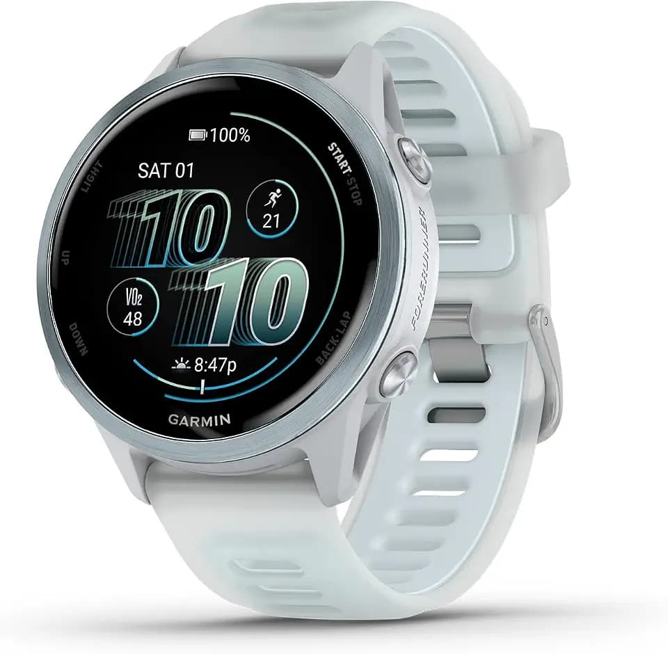 Garmin® Forerunner® 570, 42 mm, fortschrittliche GPS-Lauf- und Triathlon-Smartwatch, AMOLED-Display, Trainings- und Erholungsfunktionen, wolkenblaues Aluminium mit durchscheinendem Weißstein