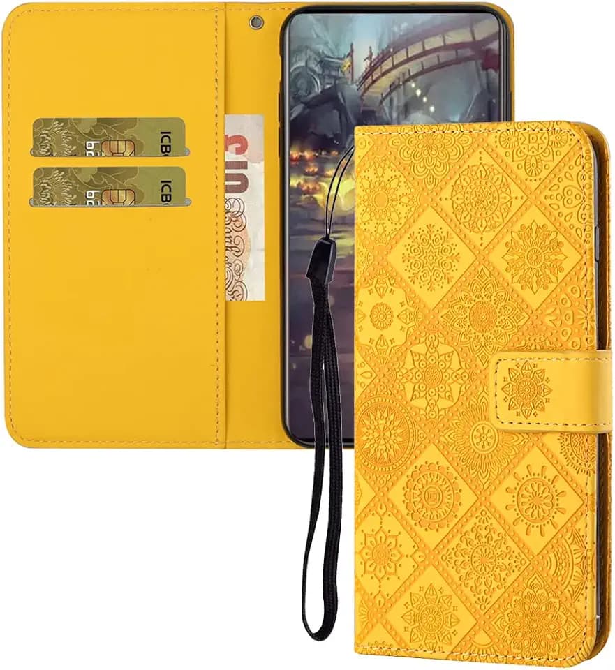 IMEIKONST Schutzhülle kompatibel mit Huawei Y6 2019, Flip Schutzhülle Retro Embossed Leder Kreditkartenhalter Brieftasche Magnetisch Stand Schutzhülle für Huawei Y6 2019. Yellow XCH