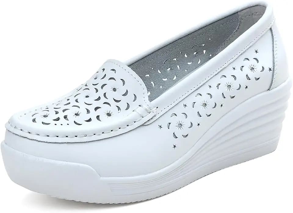 Women's Leather Breathable Wedge Heel Nurse Loafers Comfortable Round Toe Platform Non-Slip Hollow Breathable Slip-On Work Shoes Mother Shoes