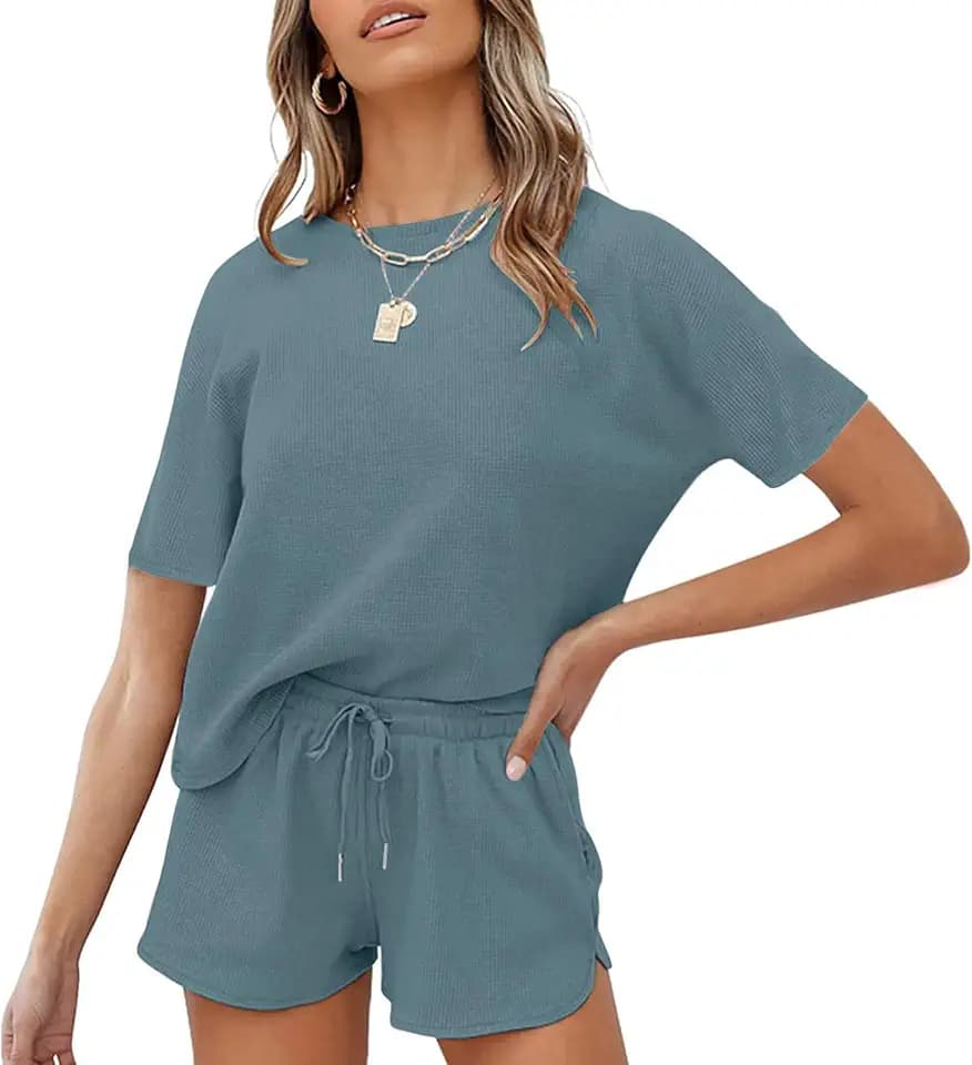 MEROKEETY Women's Short Sleeve Waffle Pajama Sets 2 Piece Lounge Outfits