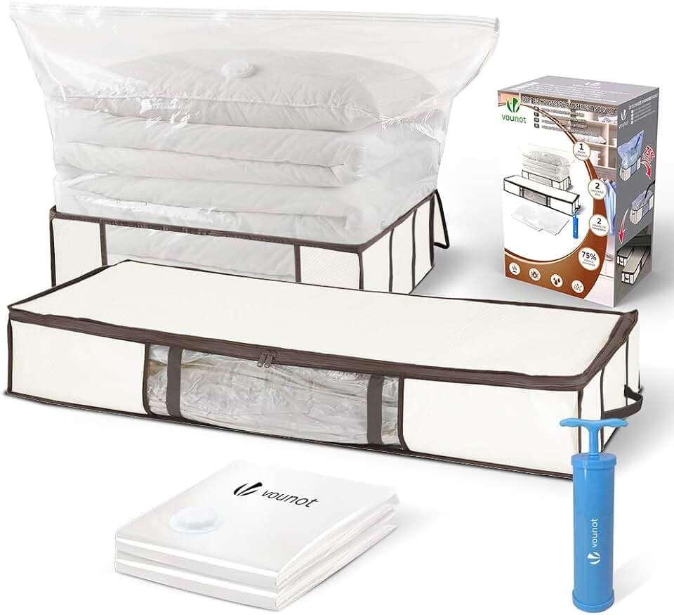 VOUNOT® 2 Stück Unterbett Aufbewahrungstasche mit Vakuumbeutel, Vakuum Aufbewahrungstasche mit Sichtfenster, Pumpe und Reißverschluss, für Bettdecken, Kleidung, Bettwäsche