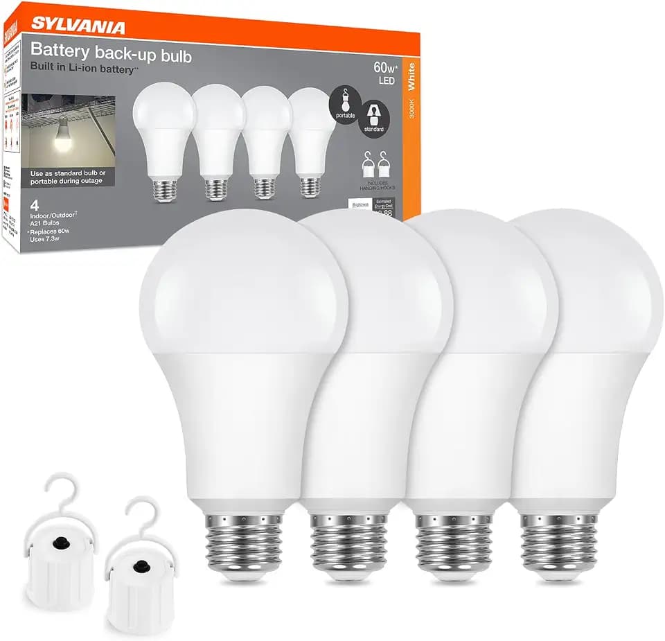 SYLVANIA LED Rechargeable Light Bulbs, A21 Battery Operated Light Bulb, 60W = 7.3W, Indoor/Outdoor Emergency Light Bulbs, 800 LMS, 3000K, Soft White, Hanging Accessories Included - 4 Pack (42687)