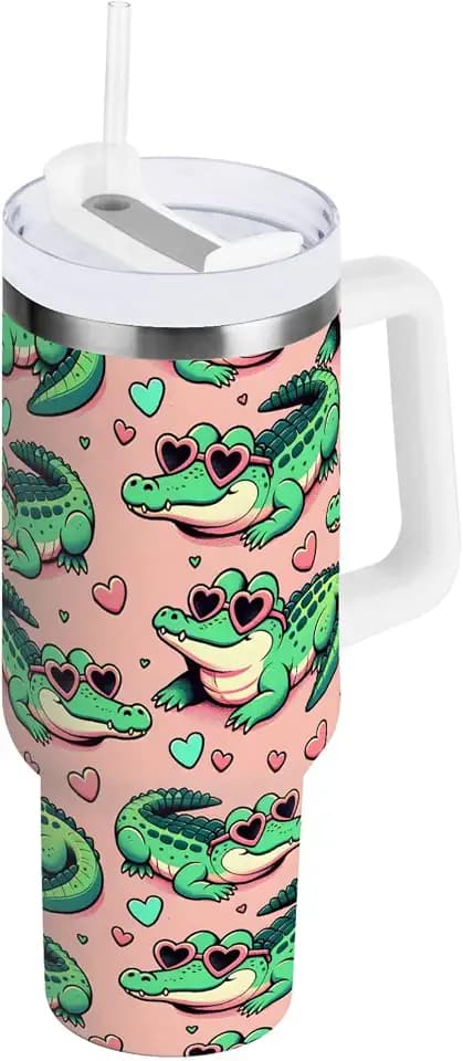 ALAZA Alligator Crocodiles Pink 40 oz Tumbler with Handle Insulated Water Bottle with Straw Lid Stainless Steel Vacuum Insulated Cup Travel Coffee Mug