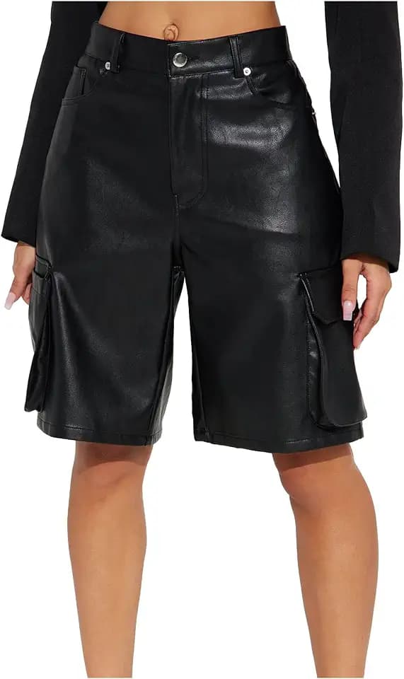 YEXPINE Faux Leather Cargo Shorts for Women High Waisted Casual Wide Leg Bermuda Shorts with Pockets