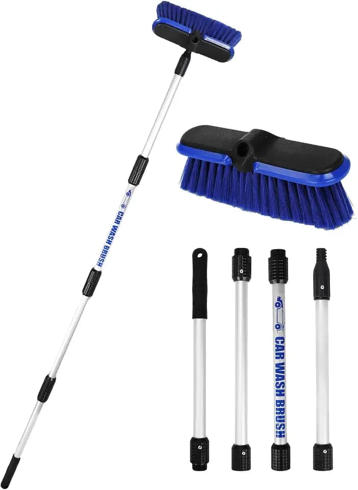 Car Wash Brush with Long Handle 62"/156cm Telescoping Mop Pole 10" /25.4cm Larger Soft Bristle Head for RV Truck SUV Window Glass Tyres Boat Floor Deck House Siding Wall Snow Removal Cleaning Tool