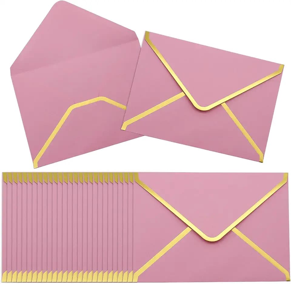 100 Stücke 5"x7" Einladungumschläge, Rosa A7 Umschläge 18.5x13.5cm Miniatur Kuverts Umschläge mit V-Klappe Briefumschläge Goldfolienrand für Hochzeiten, Einladungen & Party