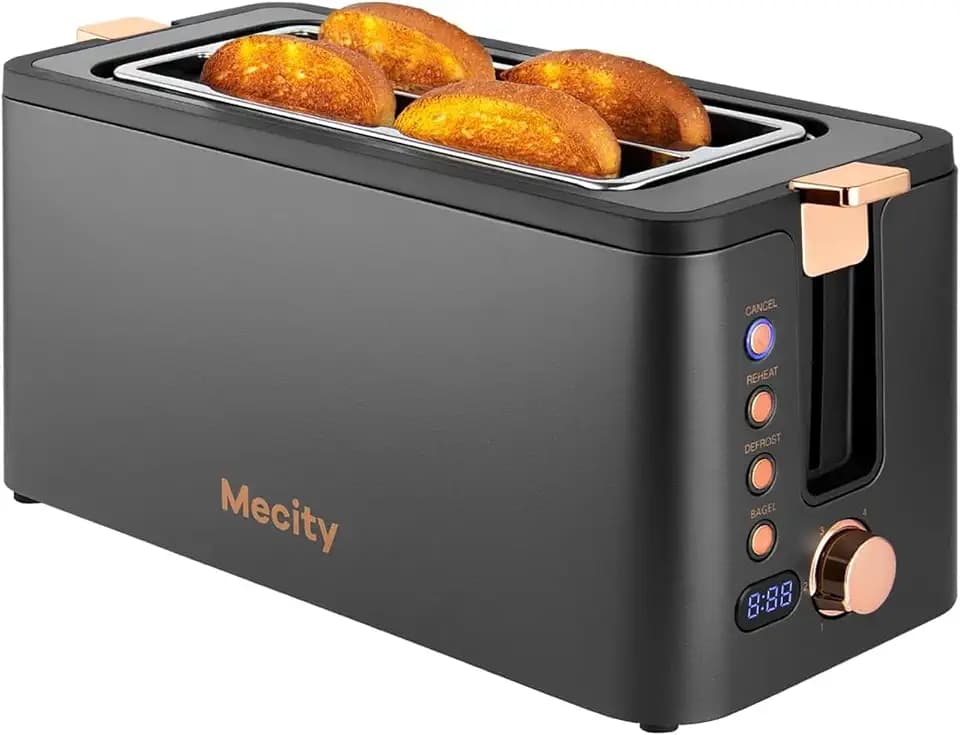 Mecity 4 Slice Toaster, Long Slot Toaster With Warming Rack, Timer, Bagel, Defrost, Reheat Functions, Crumb Tray, 6 Browning Settings, Extra Wide Long Slots, Stainless Steel, 1300W, Grey