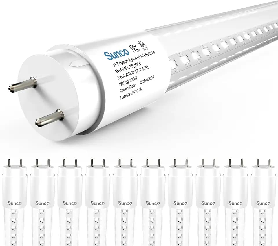 Sunco 10 Pack 4 Foot T8 LED Tube Light Bulbs, 6000K, 20W, Hybrid A+B