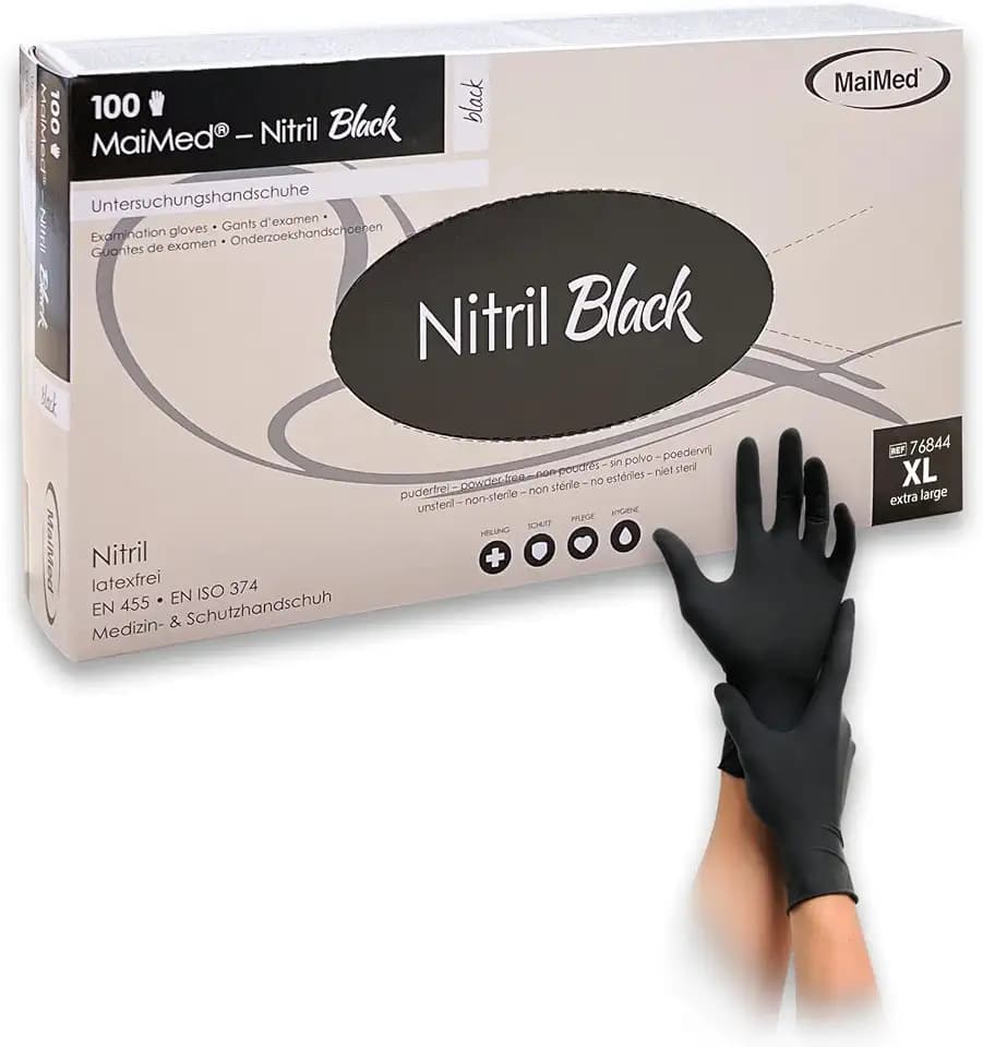 Maimed Nitrilhandschuhe Schwarz – 100 Stück – puderfrei, reißfest & latexfreie Einweghandschuhe – ideal für Tattoo, Küche, Reinigung