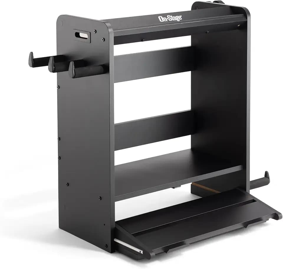 On-Stage GWS5000B Guitar Workstation (Amp Stand, Electric Guitar or Bass Stand, Cable and Strap Hanger, Pedalboard, Accessory Tray for Picks, Capos, and Tuners, Gear Shelving, Organizer, Black)