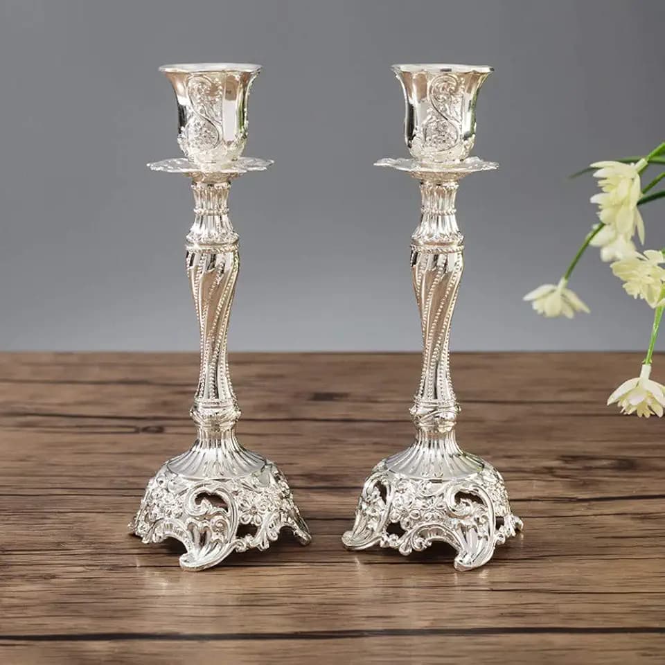 Sziqiqi Shabbat Kerzenständer Stabkerzen Silber: Metall Kerzenhalter, 2Stk