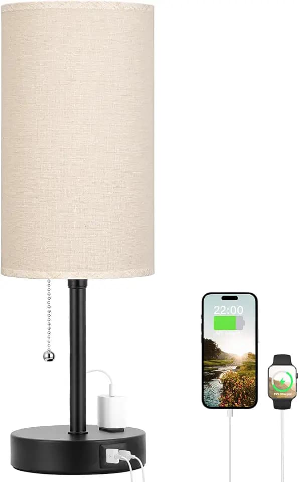 17in Bedside Table Lamp for Bedroom, Desk Lamp with USB Ports for Dorm