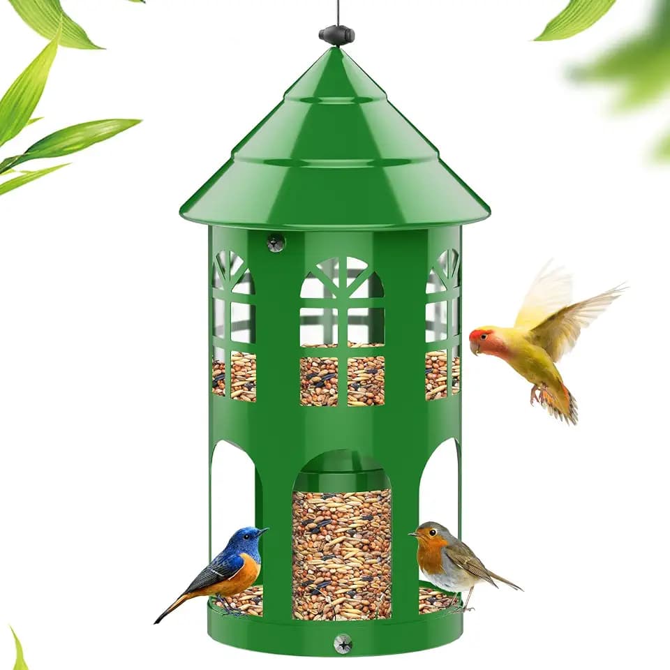 Metal Bird Feeder for Outdoor Hanging, Large Capacity Wild Bird Feeder with Weatherproof Roof & Squirrel-Proof Design, Easy to Fill & Clean, Ideal for Cardinals, Finches, and Blue Jays