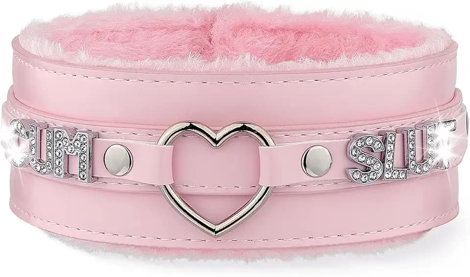 Pink Furry Heart O-ring Leather Choker For Women, Adjusted to 13.5"-18"