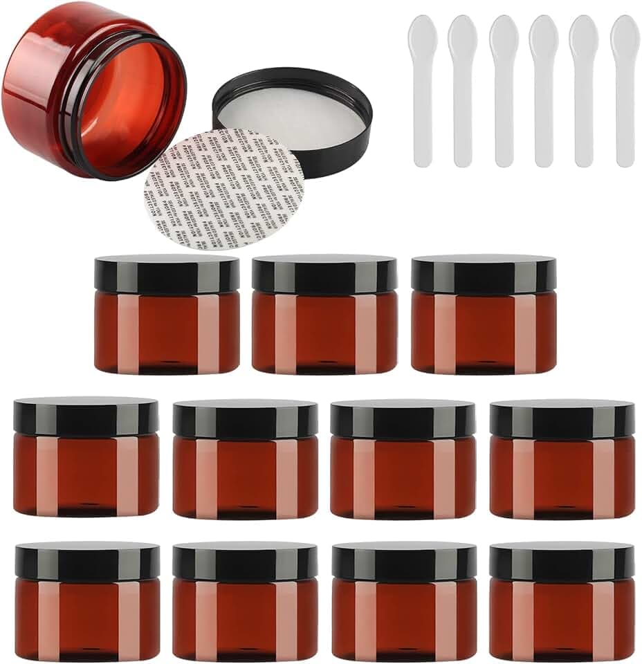 12 Stück Kleine 150 ml Braun Kunststoff Leere Cremedose Dose mit Schwarz Deckel 150 g Leerdose Schraubdose Blechdosen Kosmetische Behälter Tiegel, 6 Stück Spatel