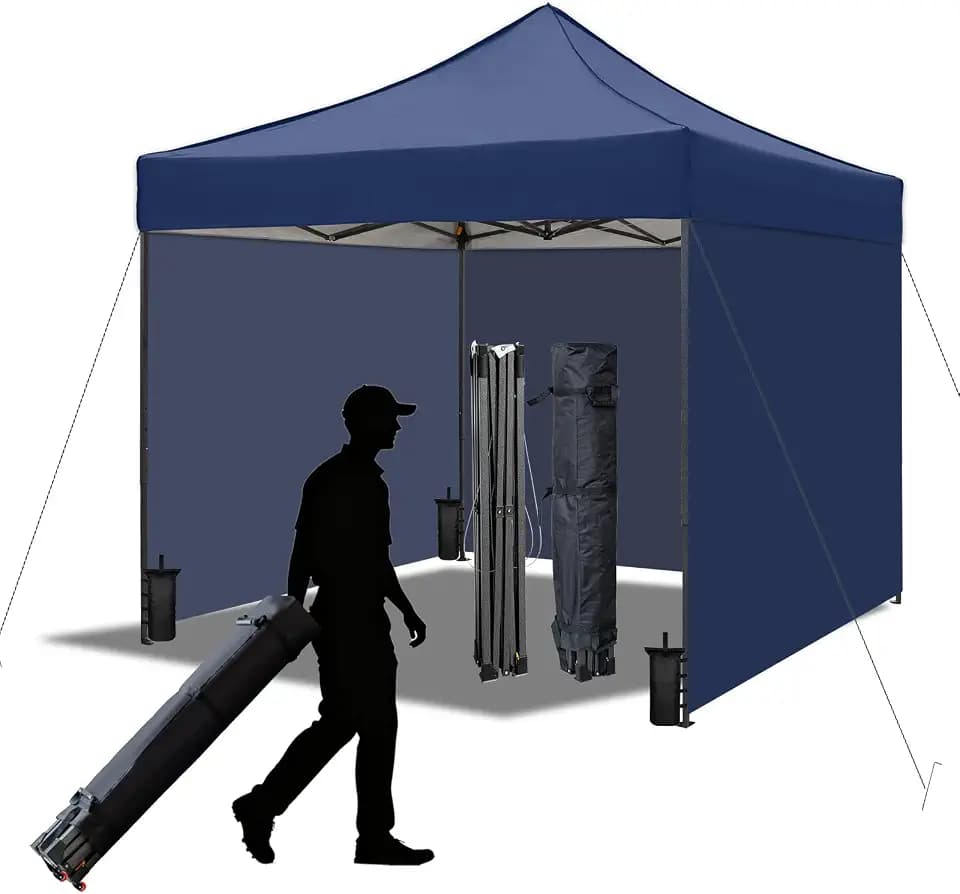 10x10 Durable Pop Up Canopy Tent with Sidewalls, Waterproof Attachable Tent Wall, Privacy Shade for Outdoor Events, Camping, Farmers Market (Navy Blue)