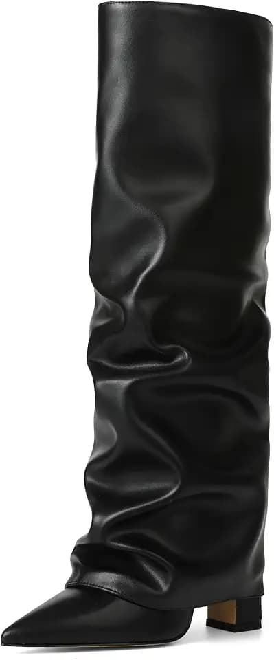 SaraIris Women's Slouchy Knee High Boots - Black, Pointed Toe, Fold Over, Chunky, Shark Boots