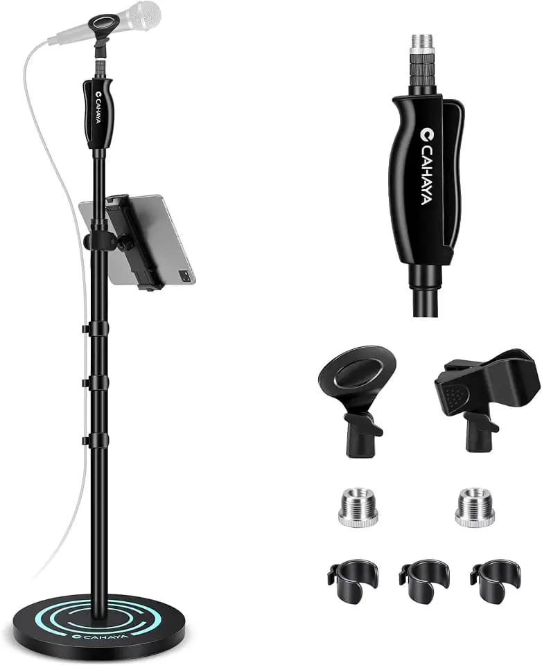 CAHAYA Microphone Stand Floor Adjustable - Mic Stand Universal with 7.12 lbs Weighted Round Metal Base Mic Stands with Phone Holder Mic Floor Stand with 2 Mic Clips and 3/8'' to 5/8'' Adapter