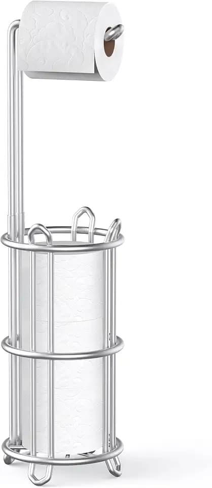 Meangood Toilettenpapierhalter Ständer und Seidenpapierrollenspender für 4 Mega Rollen, Badezimmer freistehend Tissue Roll Storage Holder Rack Metalldraht Silber