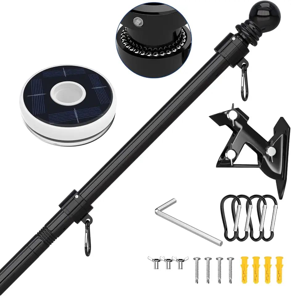 5FT Flag Pole Kit for House with Solar Light and Bracket, Stainless Steel Outside Wall Mount Flagpole for 3x5 American Flag,Residential, Outdoor or Porch (Black)