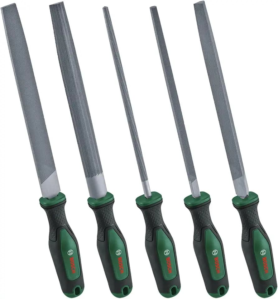 Bosch Feilen Set 5-teilig (Robustes Metallfeilen Set inkl. Rund-/Halbrund-/Flach-/Dreieck-/Vierkantfeilen; Harter Kohlenstoffstahl; Schaftlänge 200mm; Mittlerer Hieb 2; Ergonomischer Softgrip)