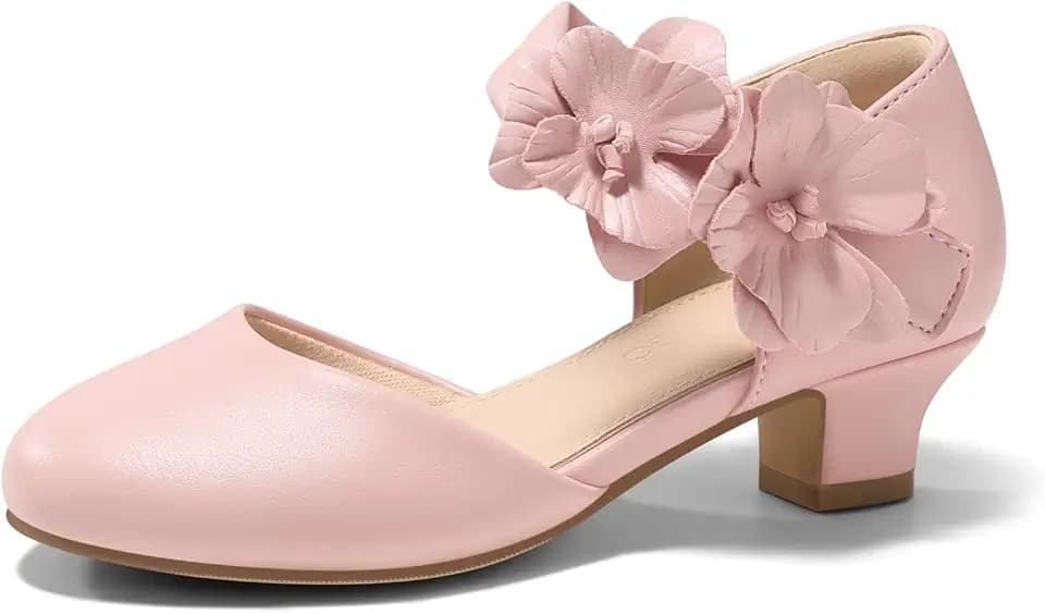 Coutgo Girls Dress Shoes Closed Toe Low Chunky Heels Flower Slip On Party Princess Pumps for Toddler Little Big Kids