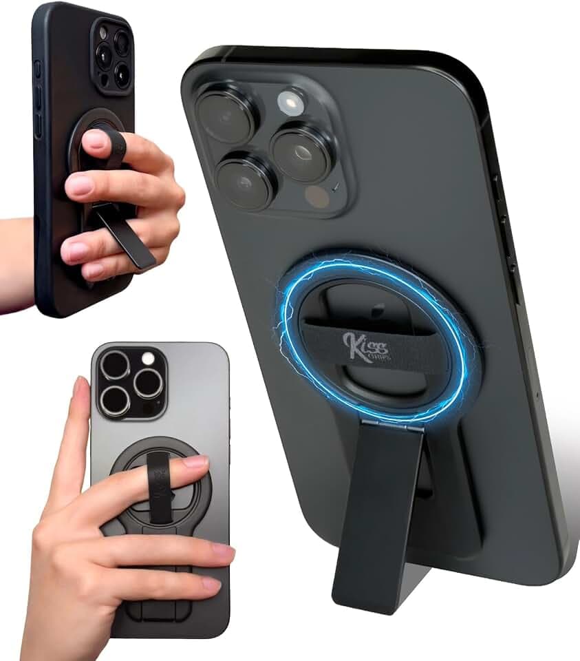 Phone Grip for MagSafe, Holder, Loop, and Kickstand – Ultra-Thin Dual Magnetic 360° Spin Tripod, Selfie Stick, Phone Stand – Wireless Charge Through, Strong Hold, Sleek Design