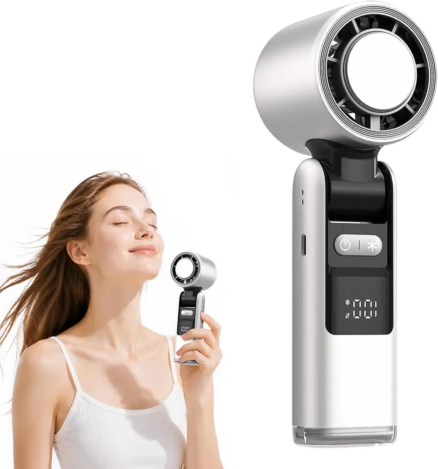 Tragbarer Handventilator, 100 Geschwindigkeiten, wiederaufladbarer Handventilator mit Digitalanzeige, 4000 mAh Akku, Eiskühlung, 3-in-1 faltbarer Turbo-Mini-Ventilator für Reisen, Büro