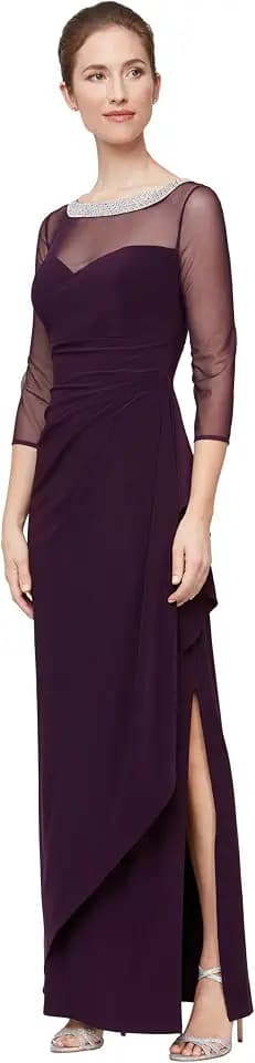 Alex Evenings Women's Long Matte Jersey Mother of The Bride Dress with 3/4 Illusion Sleeves (Petite and Regular Sizes)
