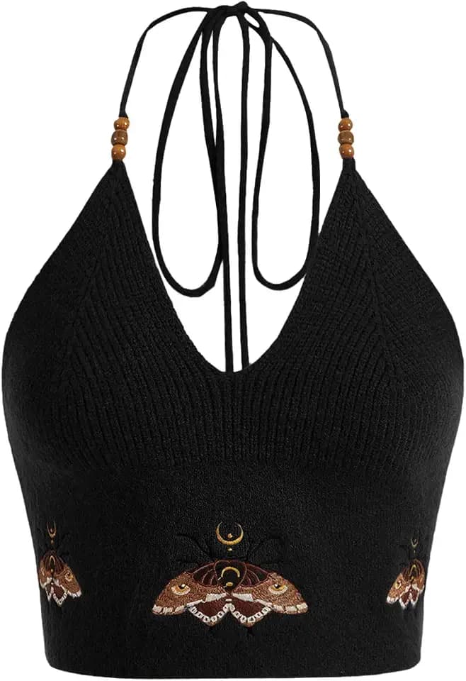 Verdusa Women's Y2k Halter Tops Embroidery Crop Top Western Cowgirl Shirts