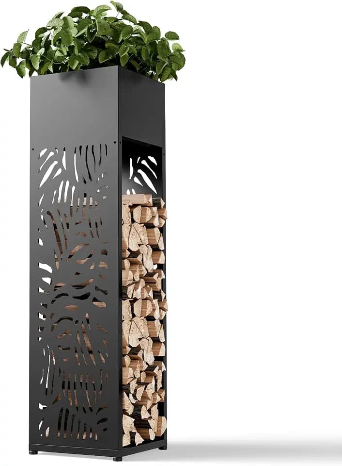 12" Firewood Rack Outdoor with Planter & Reinforced Bottom, Black