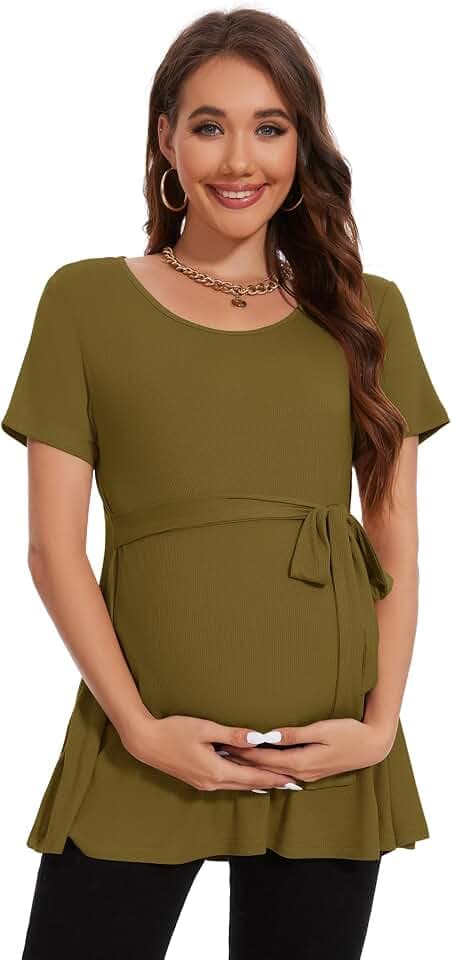 Smallshow Damen Umstandsmode Tie Front Kurzarm umstandsshirt Sommer