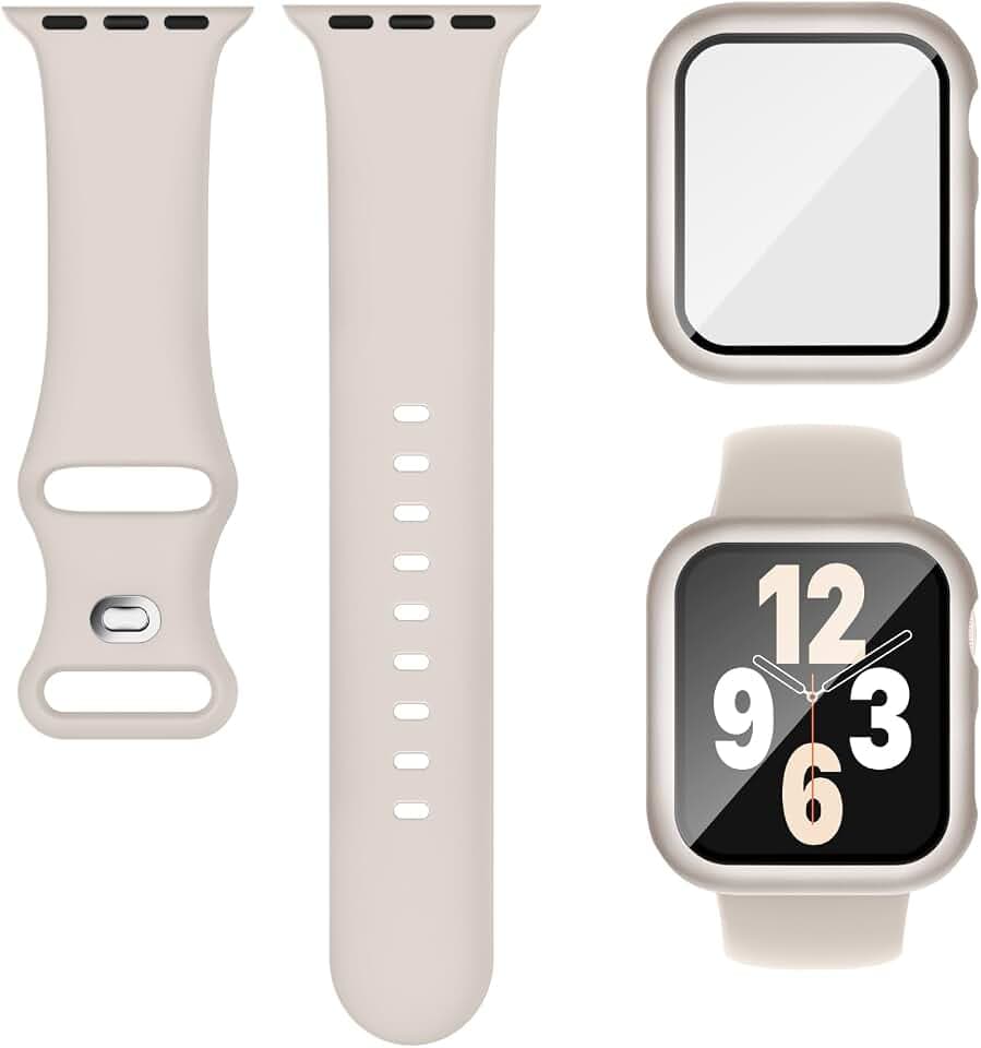 3-IN-1 Kompatibel für Apple Watch Armband mit Hülle und Displayschutz 44mm, Weich Silikon Sport Band + Gehäuse Mit Glas Kompatibel für iWatch Series SE 9 8 7 6 5 4 Damen Herren Polarstern Beige