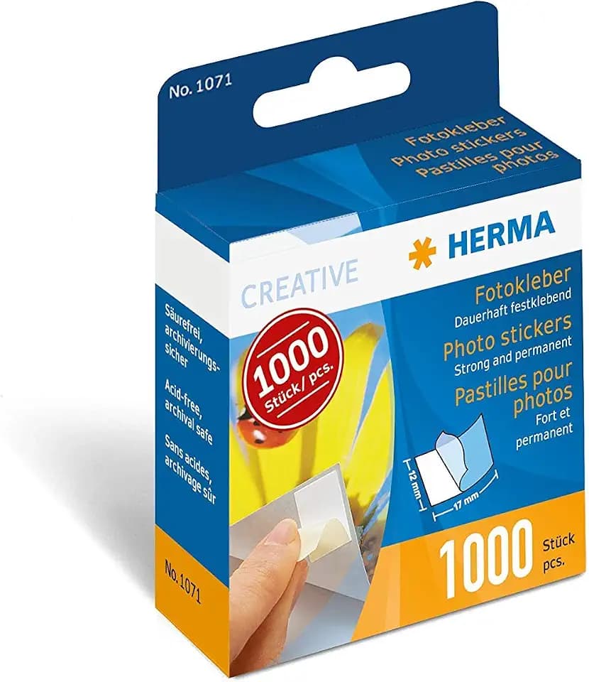 HERMA 1071 Fotokleber, doppelseitig selbstklebende Fototapes für Fotoalbum, Scrapbook, Gästebuch, Fotobuch, Klebepads für Fotos in Spenderbox, weiß, 1000 Stück (1er pack)