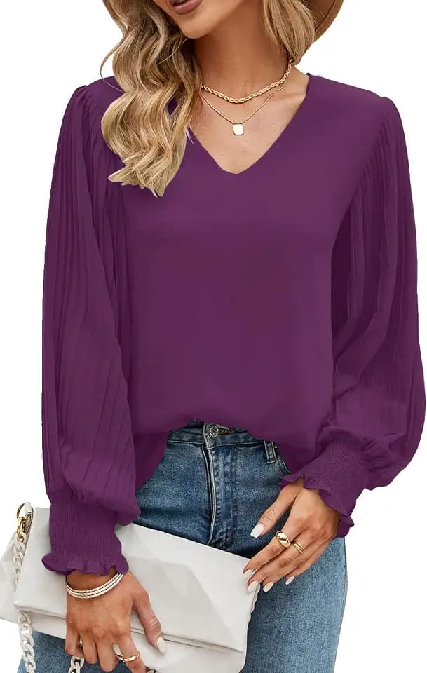 Odosalii Womens Tops Pleated Lantern Sleeve V-Neck Shirts Elegant Solid Color Loose Fit Casual Chiffon Blouse