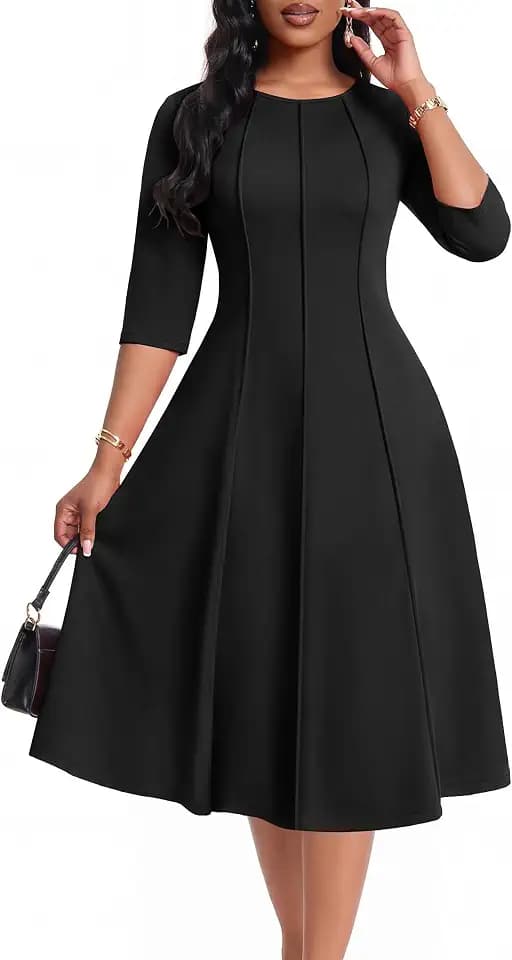 CLOCOR Womens 3/4 Sleeve Semi Formal Church Midi Dress with Pockets