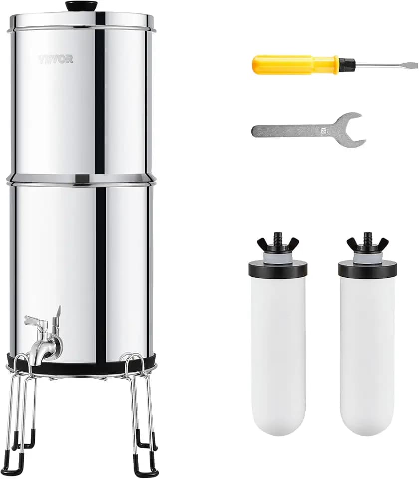 VEVOR Schwerkraft Wasserfiltersystem Edelstahl Arbeitsplattensystem 7,8+8,5 L Wasserfiltrationssystem, reduziert Blei und bis zu 99% Chlor, mit 2 Keramik-Kohlefiltern & Zapfhahn, Camping Wohnmobil