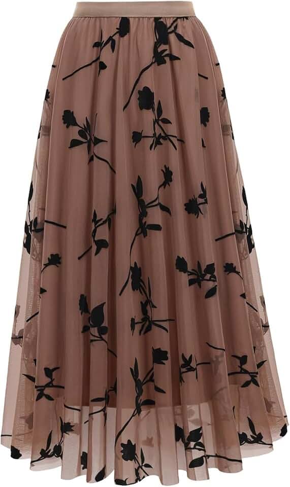 comefohome Röcke für Damen, elastischer Bund, Midi-Länge, plissiert, Tüllrock, A-Linie, Blumenmuster, lange Sommerröcke