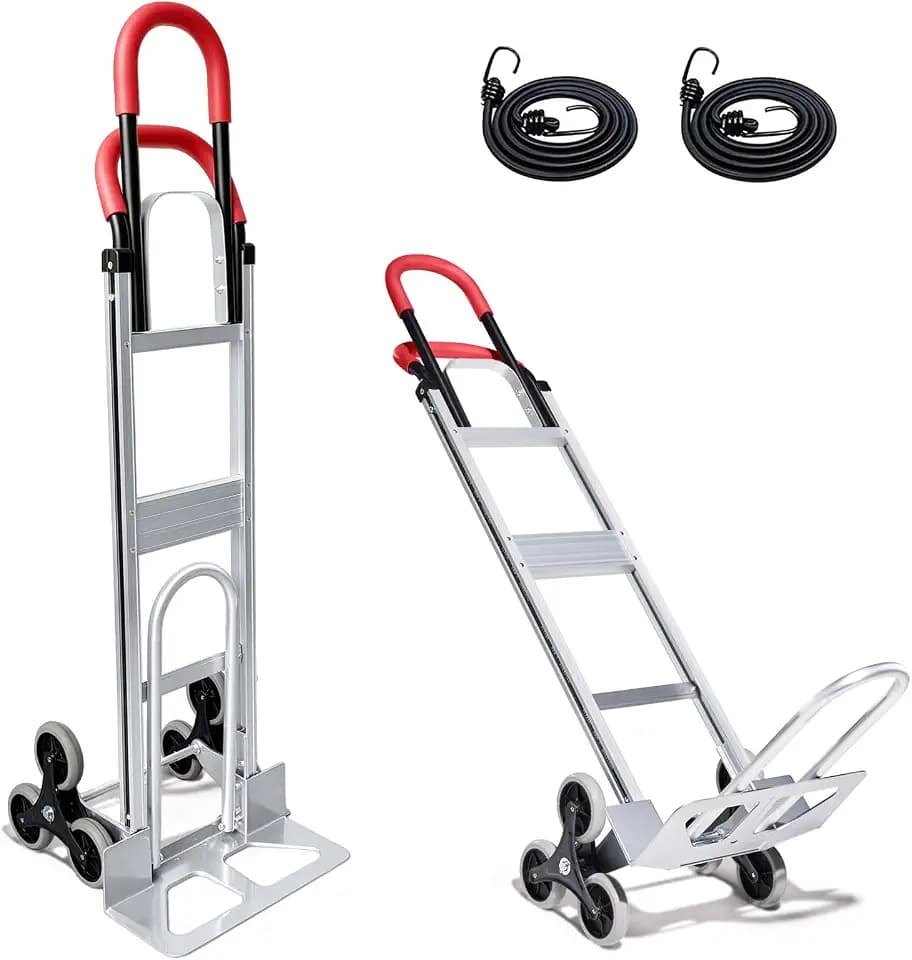 Aluminum 2-in-1 Stair Climbing Dolly, 600 Lbs Heavy Duty Hand Truck for Stairs with Dual Handles, Bungee Cords for Stairs Flat Ground Home Office Warehouse Moving Shopping