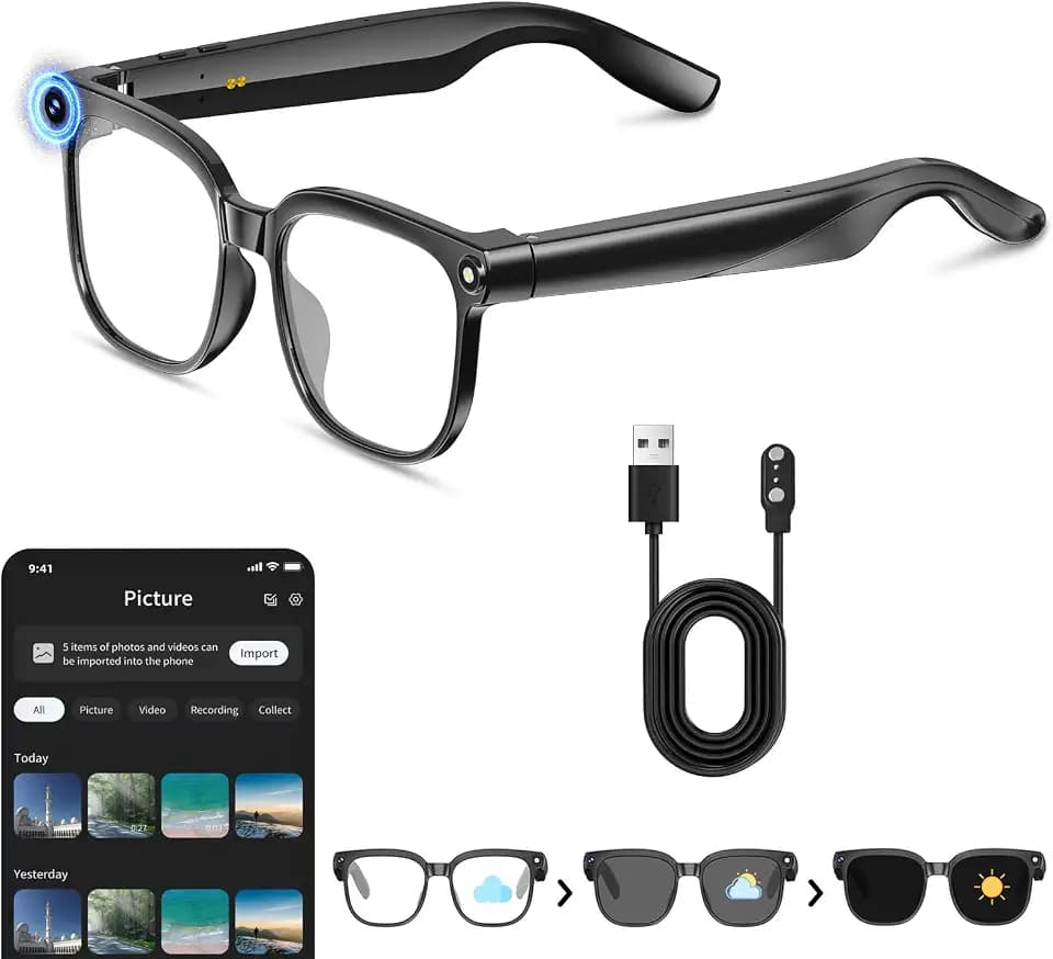 Smart Glasses with Camera, 8MP Anti-Shake Photochromic Smart Glasses