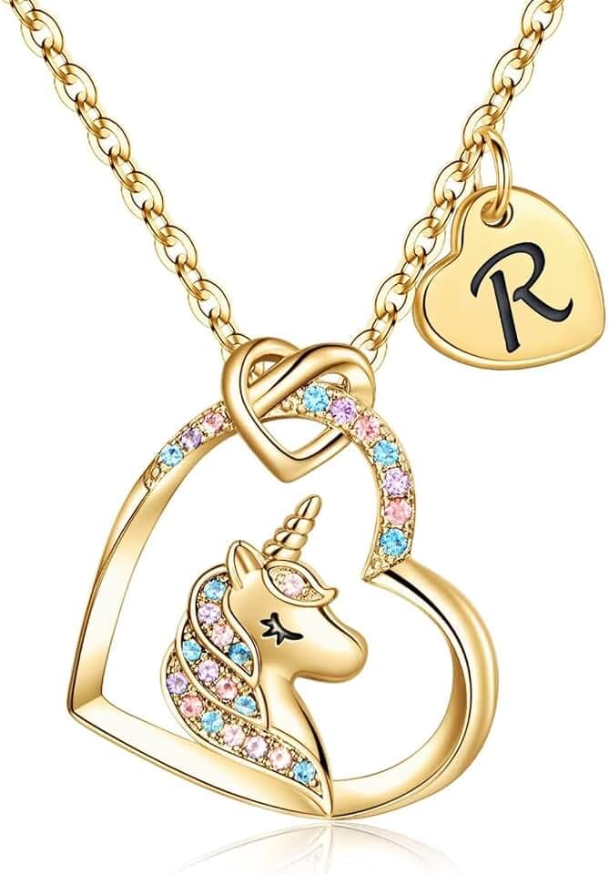 TINGN Einhorn Geschenk für Mädchen, 14 Karat Gold Vergoldet Herz Anhänger Einhorn Kette Halskette Mädchen Gold Einhorn Buchstaben Kette Einhorn Schmuck Geburtstagsgeschenke für Mädchen Tochter Nichte