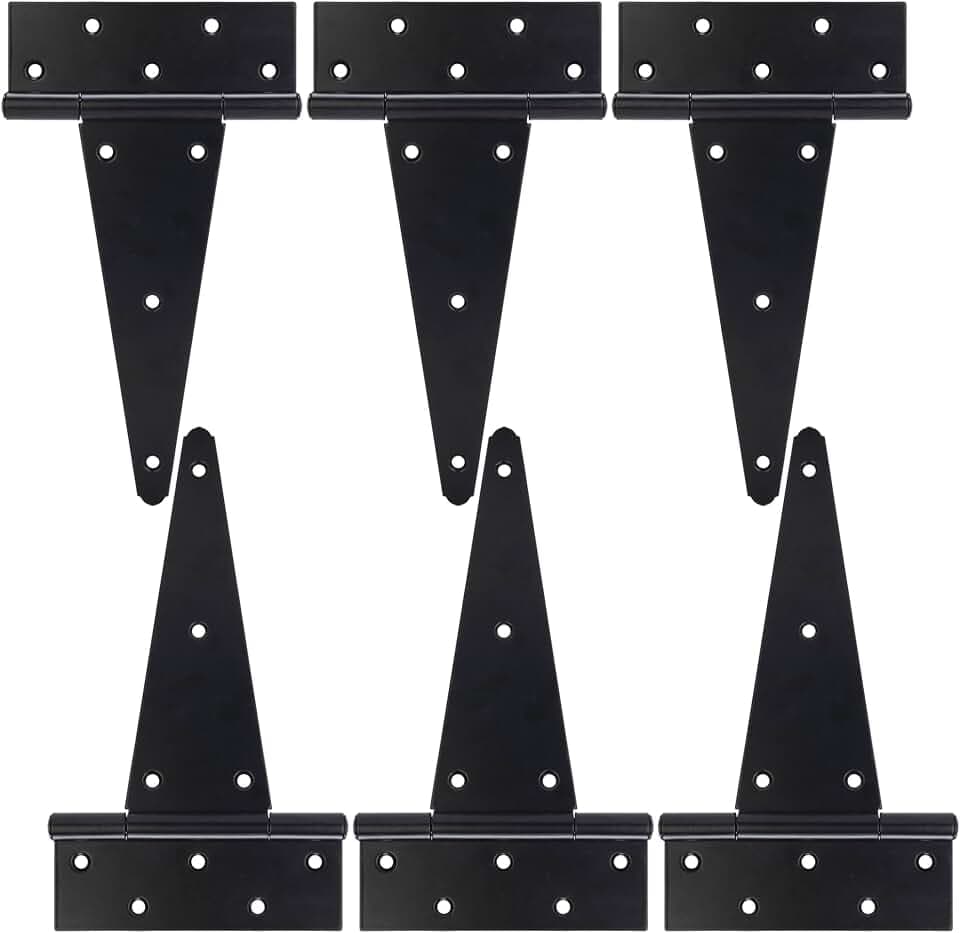 10 Inch T-Strap Gate Hinges, Heavy Duty Shed Door Hinges, Black Tee Hinges for Wooden Fences, Yard Gates, Rustproof Wrought Iron Hardware, 6 Pack