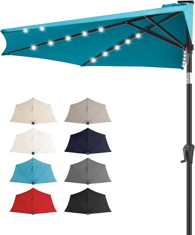 FLAME&SHADE 9 ft Solar Half Patio Umbrella with Lights, Aqua Blue