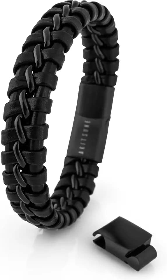 Akitsune Adeptus Lederarmband | Armschmuck Damen Herren Lederarmband mit Edelstahl-Streifen in der Mitte